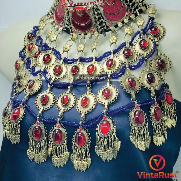 Red Choker Necklace, Vintage Layered Oversized Necklace With Red Glass Stones, - Picture 6 of 10